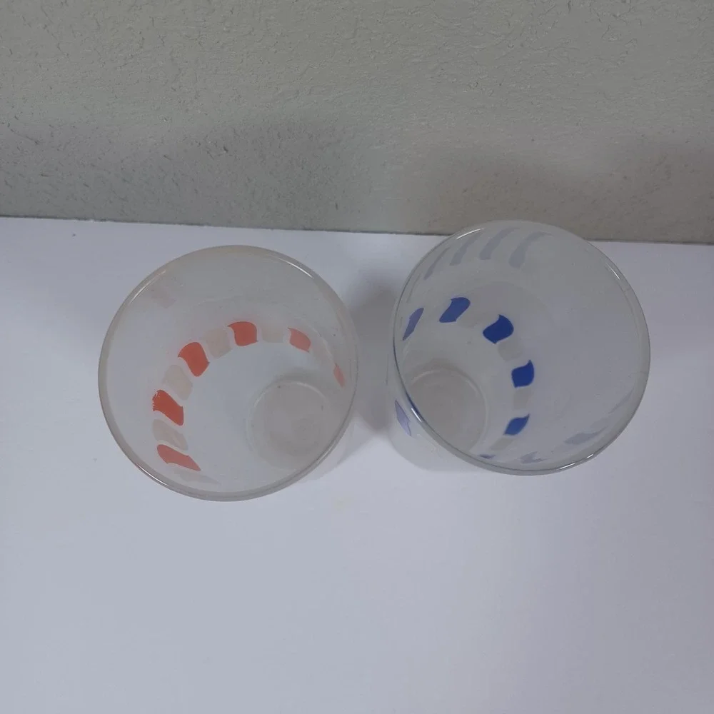 2‎ Libbey Frosted Tom Collins Glasses Blue Red Candy Stripes 12 OZS
